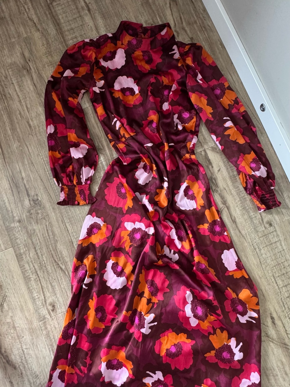 Dorothy Perkins Burgundy Floral High-Neck Long-Sleeve Midi Dress